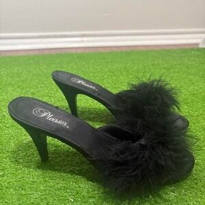 Vintage y2k pleaser‎ women's size 10 black feathered marabou mule glam heels